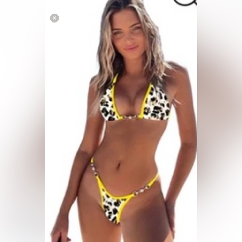 NWT TASHEHE Yellow and Leopard Print Thong Bikini Set